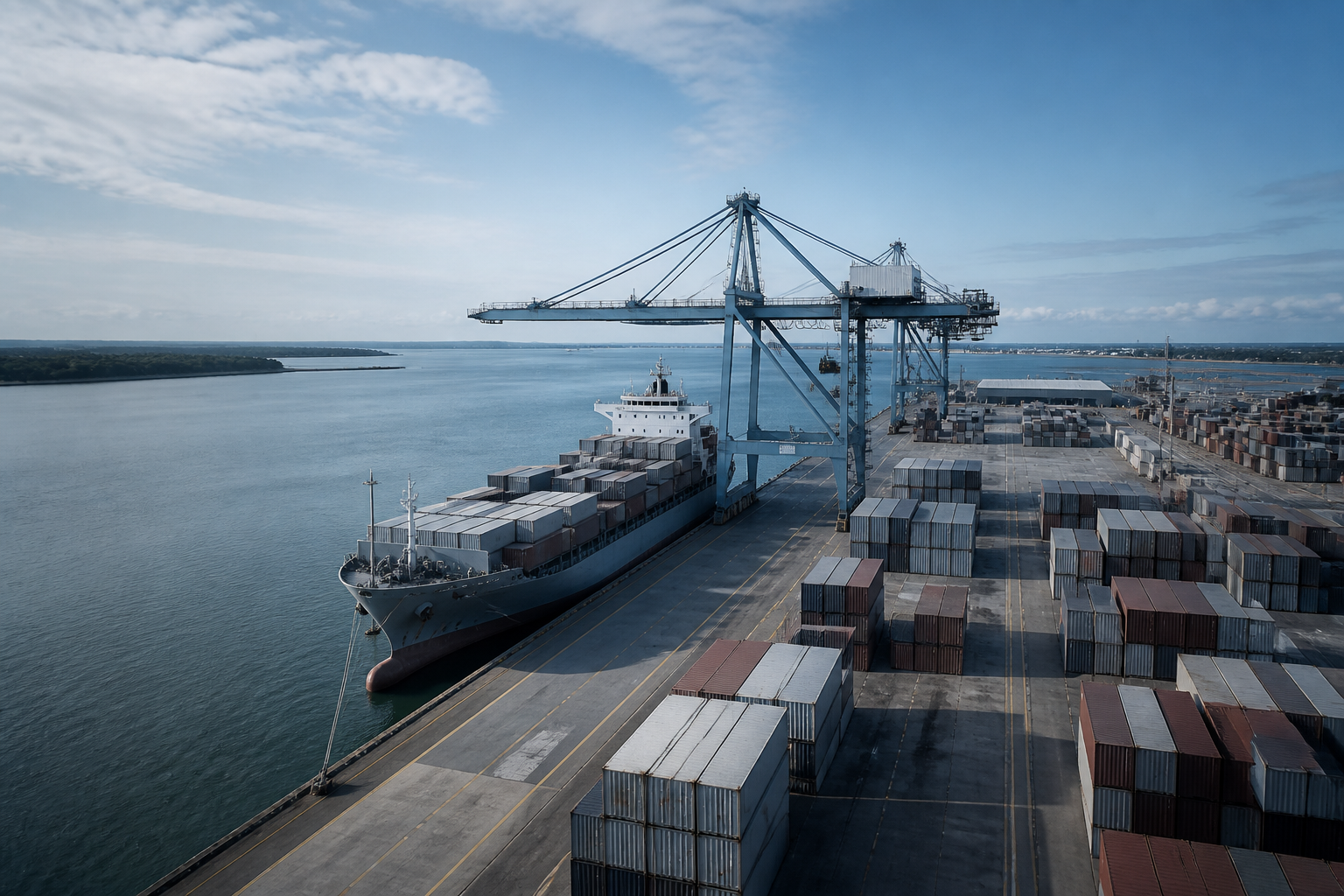 Container port with export freight staged for sea shipment